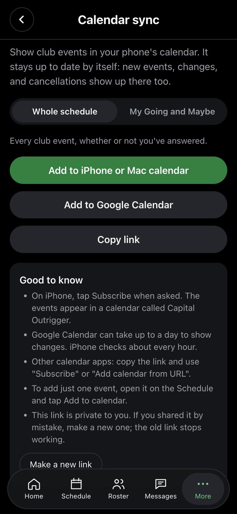 Calendar sync screen with buttons to add club events to an iPhone, Mac, or Google calendar