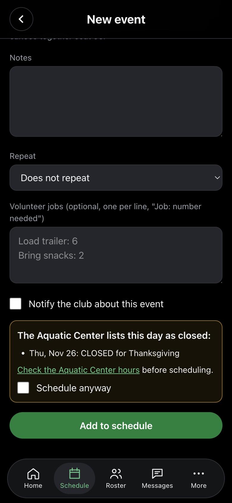 New event form showing a warning that the Aquatic Center is closed for Thanksgiving, with a link to its hours and a Schedule anyway box