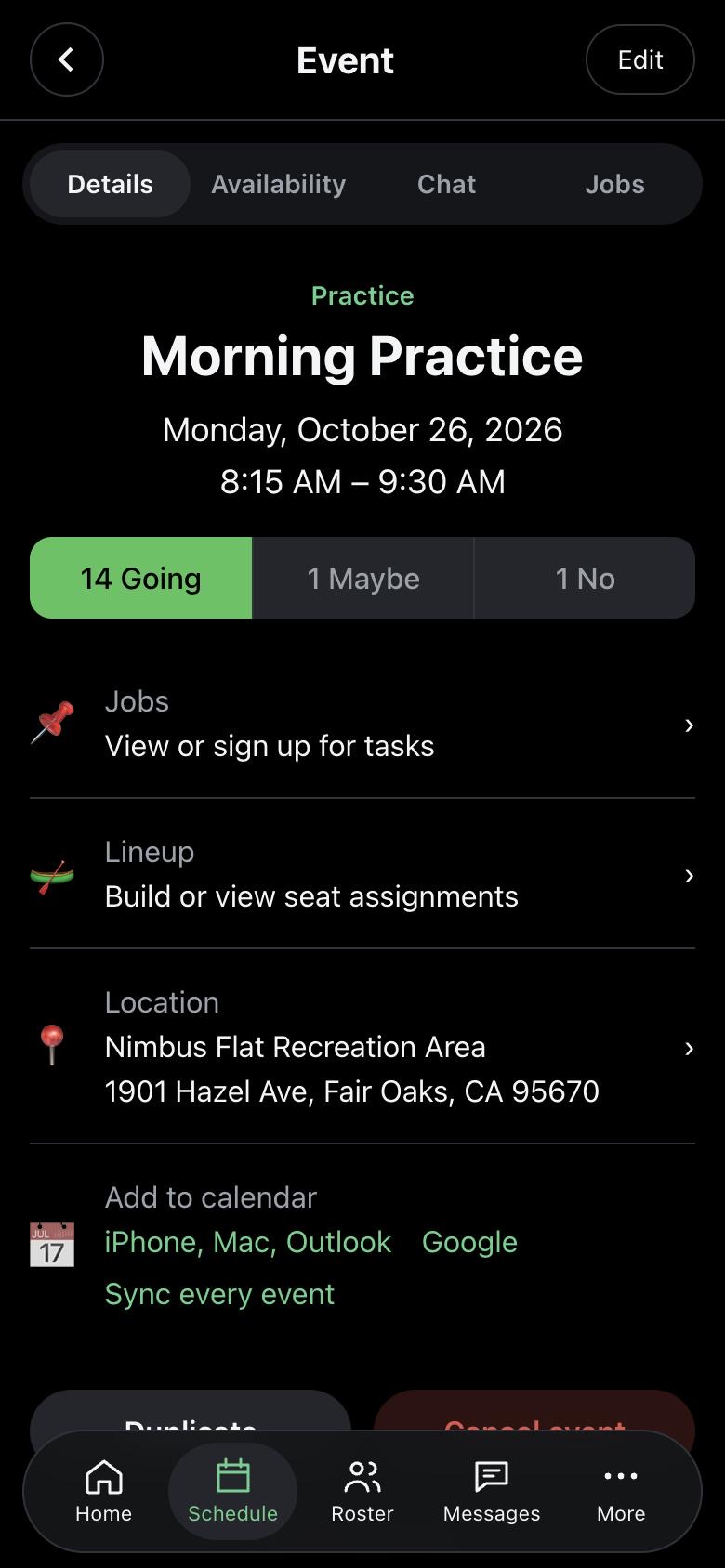 Event details for Morning Practice: Going, Maybe, and No counts, and links to jobs, the lineup, directions, and add to calendar