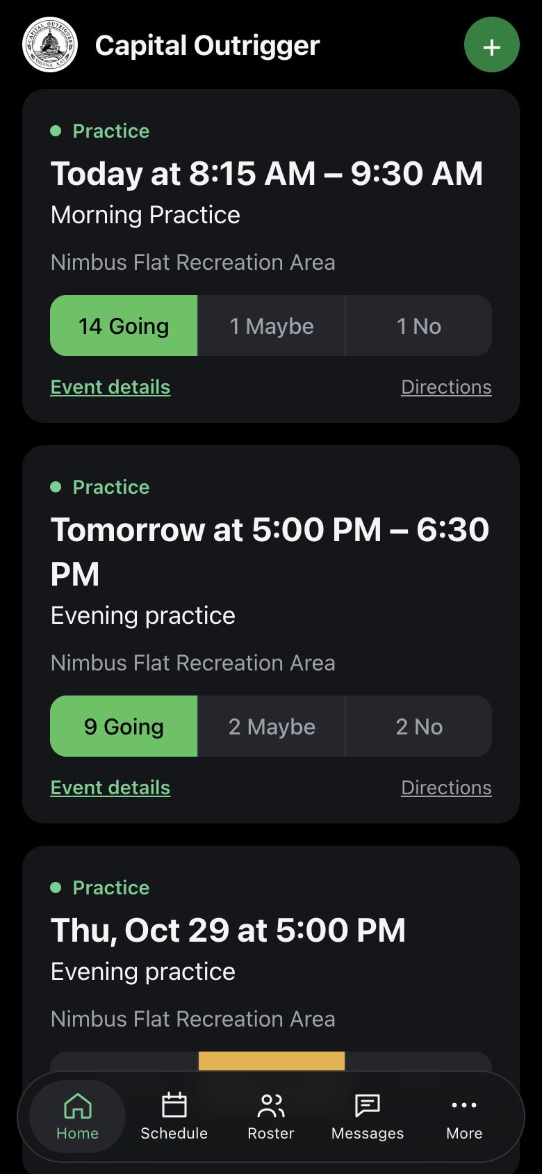 Home screen in the club's colors showing upcoming practices with Going, Maybe, and No counts