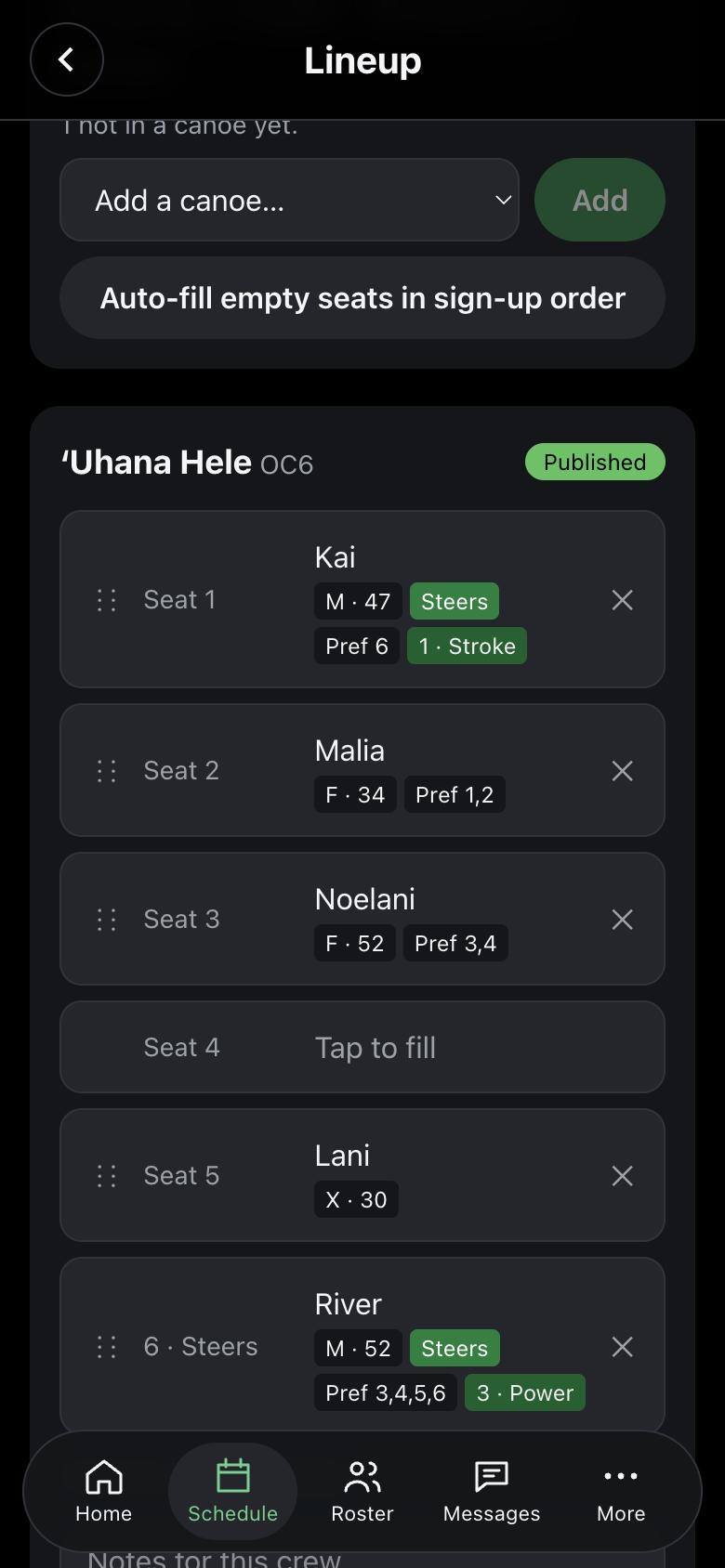 Lineup builder: a six-seat canoe named Uhana Hele with paddlers in seats 1 to 6, each showing age, seat preference, and coach-set role
