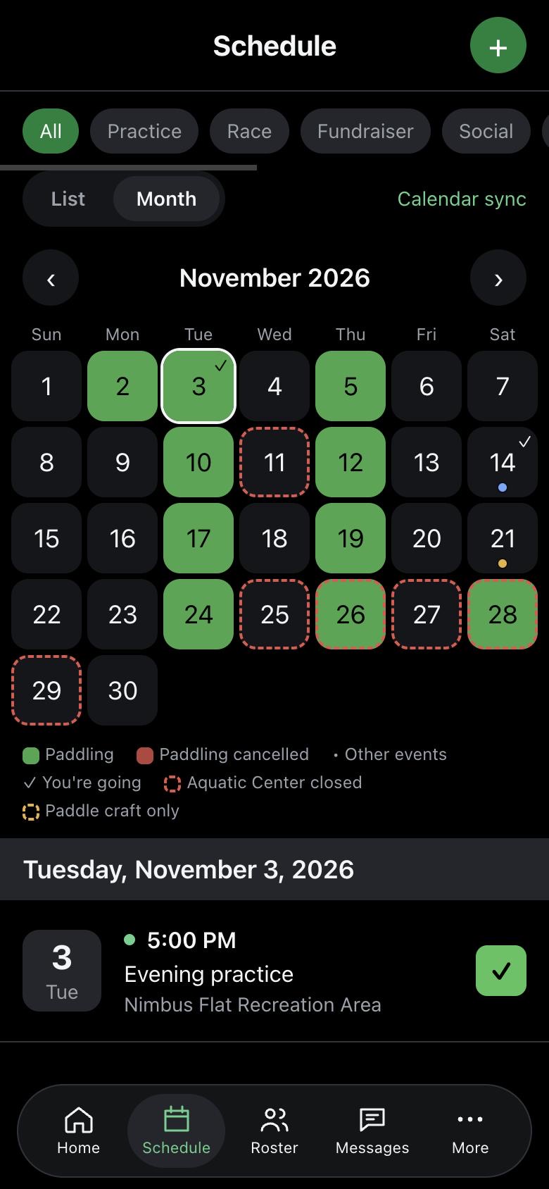 Schedule month view: paddling days in green, Aquatic Center closed days outlined in red dashes, and check marks on days the paddler is going