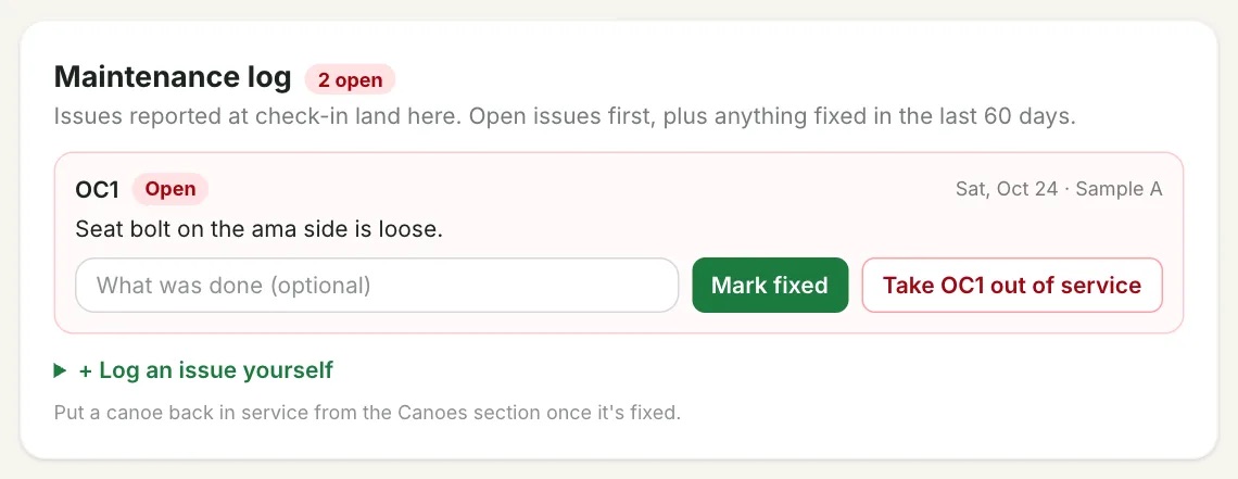 Maintenance log with an open issue and buttons to mark it fixed or take the canoe out of service