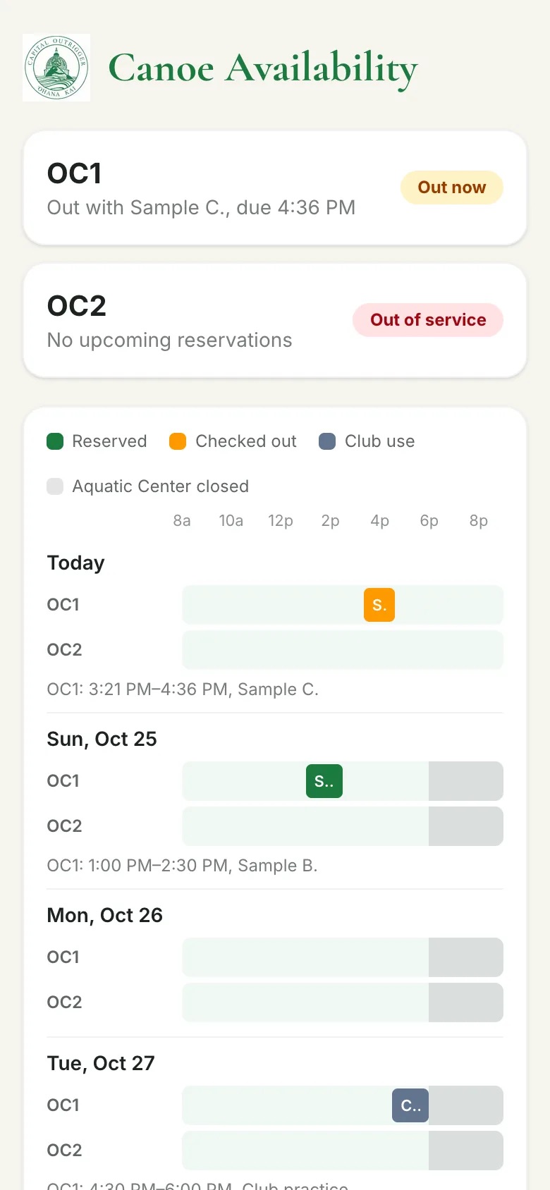 Public availability calendar: today's status for each canoe and a timeline of reservations, checkouts, and club-use blocks