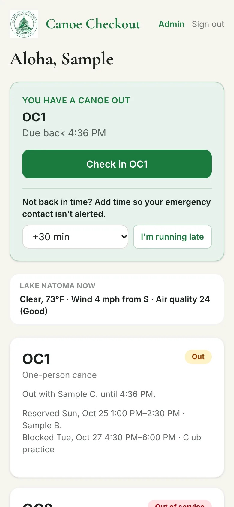 Home screen while a canoe is out, showing the due-back time, a Check in button, and an I'm running late control