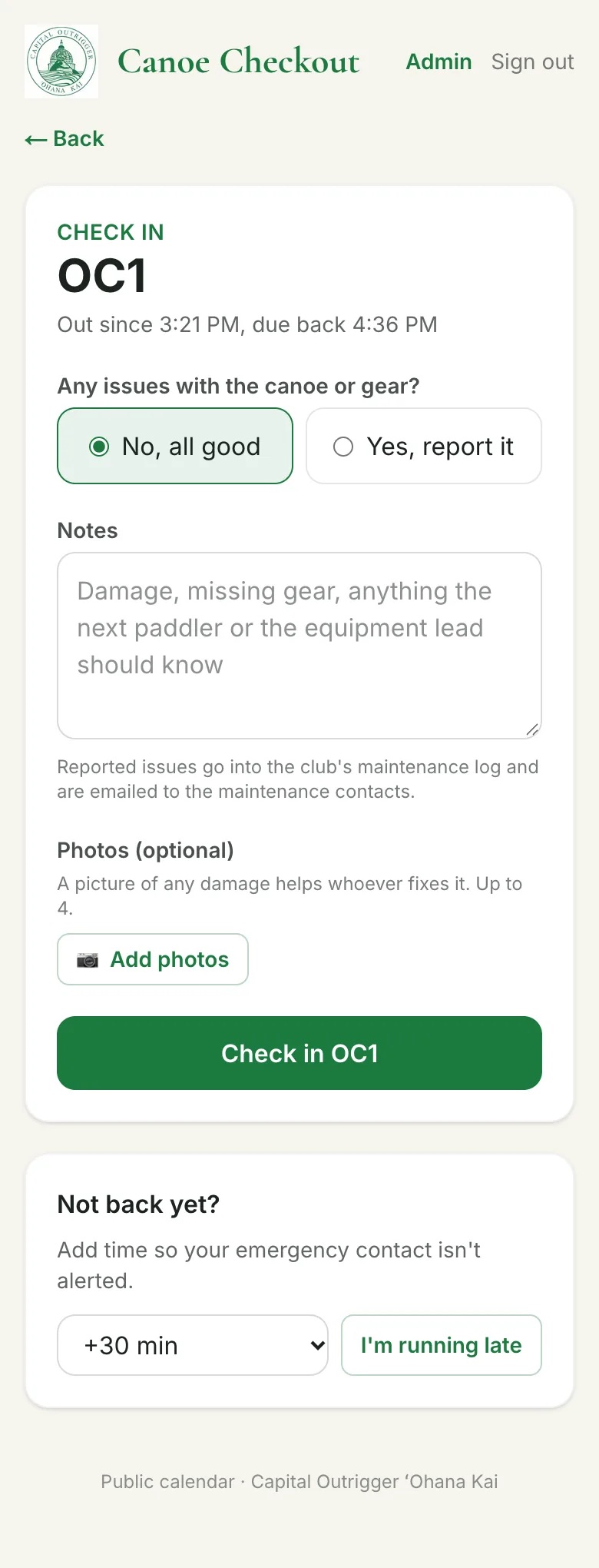 Check-in form asking about issues with the canoe or gear, with notes and an Add photos button