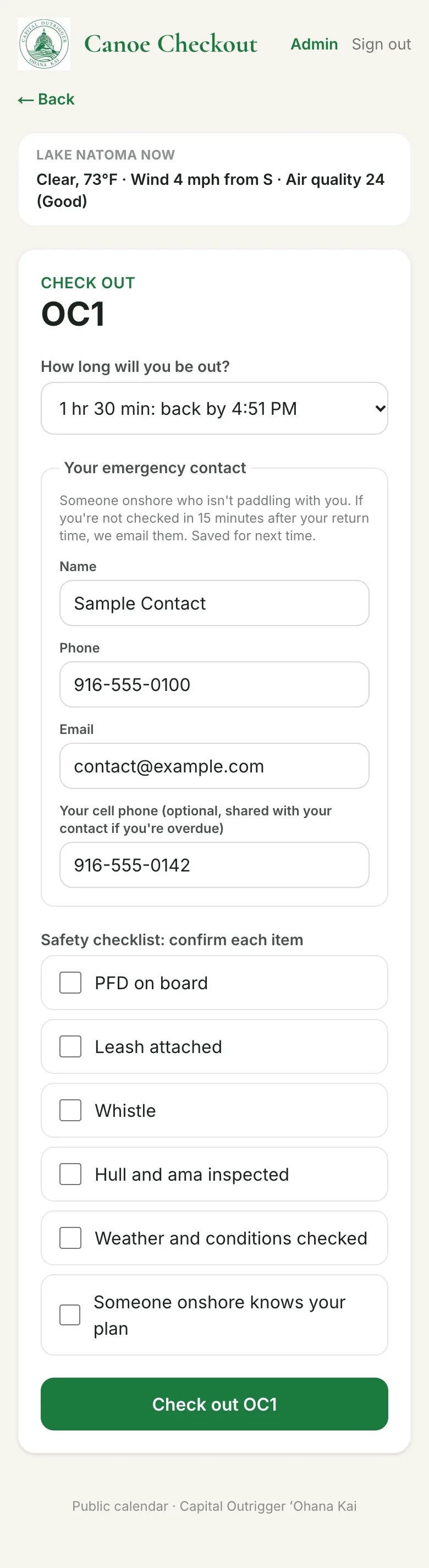 Checkout form with a return time, emergency contact fields filled in from last time, and the safety checklist