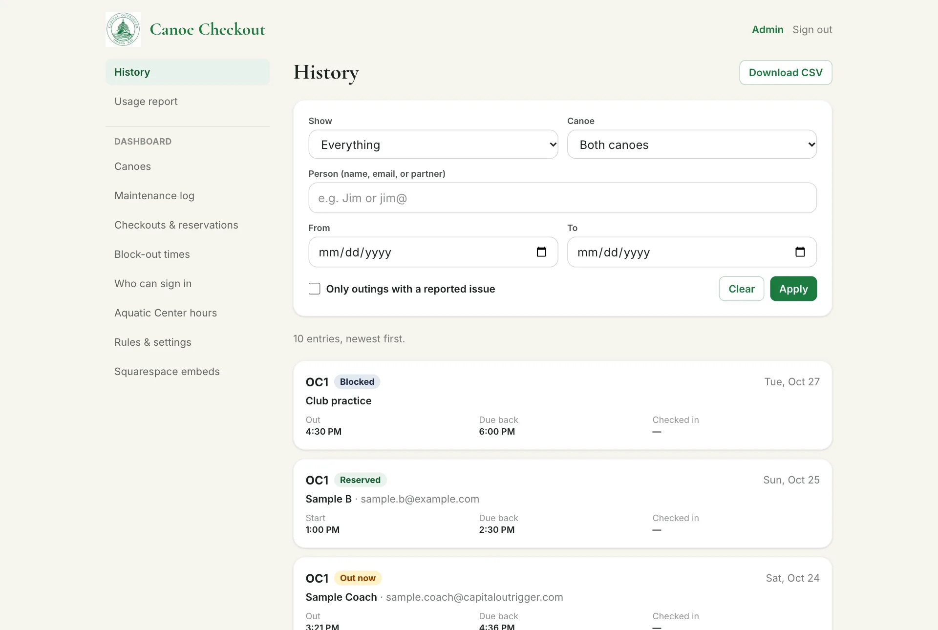 History page with filters for canoe, person, dates, and reported issues, above a list of past outings
