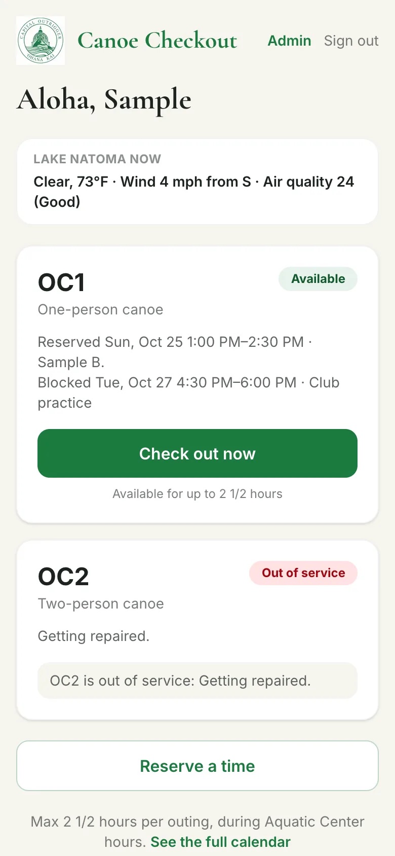 Home screen showing Lake Natoma conditions, OC1 available with upcoming reservations and a club practice block, and OC2 out of service