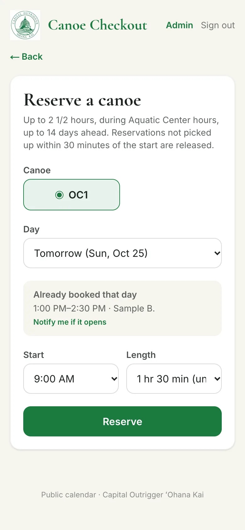 Reservation form listing the day's existing bookings with a Notify me if it opens link